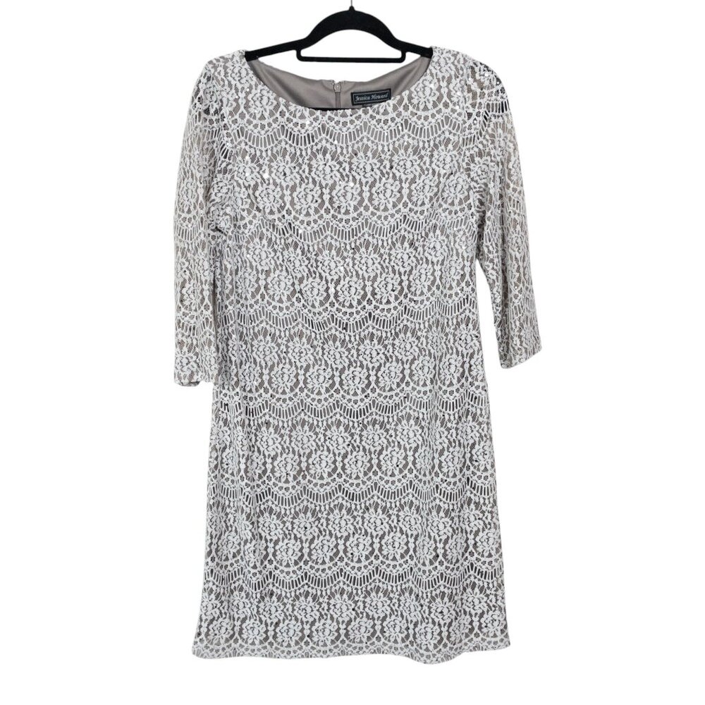 Jessica Howard Cream Tan Lace Sequin Dress Boatneck Quarter Length Sleeve  SZ 10